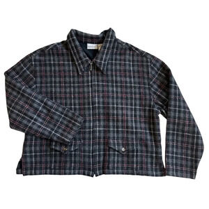 Vintage 90s Plaid Wool Blend Jacket Burgundy Gray Zip Up Size XL Boxy